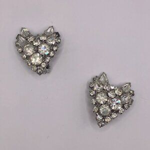 Vintage Rhinestone Silver Heart V Clip Earrings